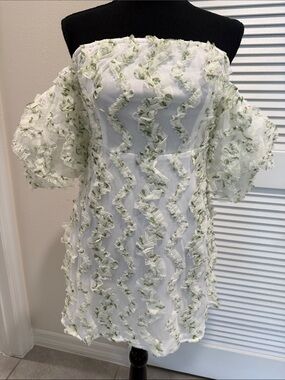PrettyLittleThing White Strapless Dress with Pale Green Ruffle Trim